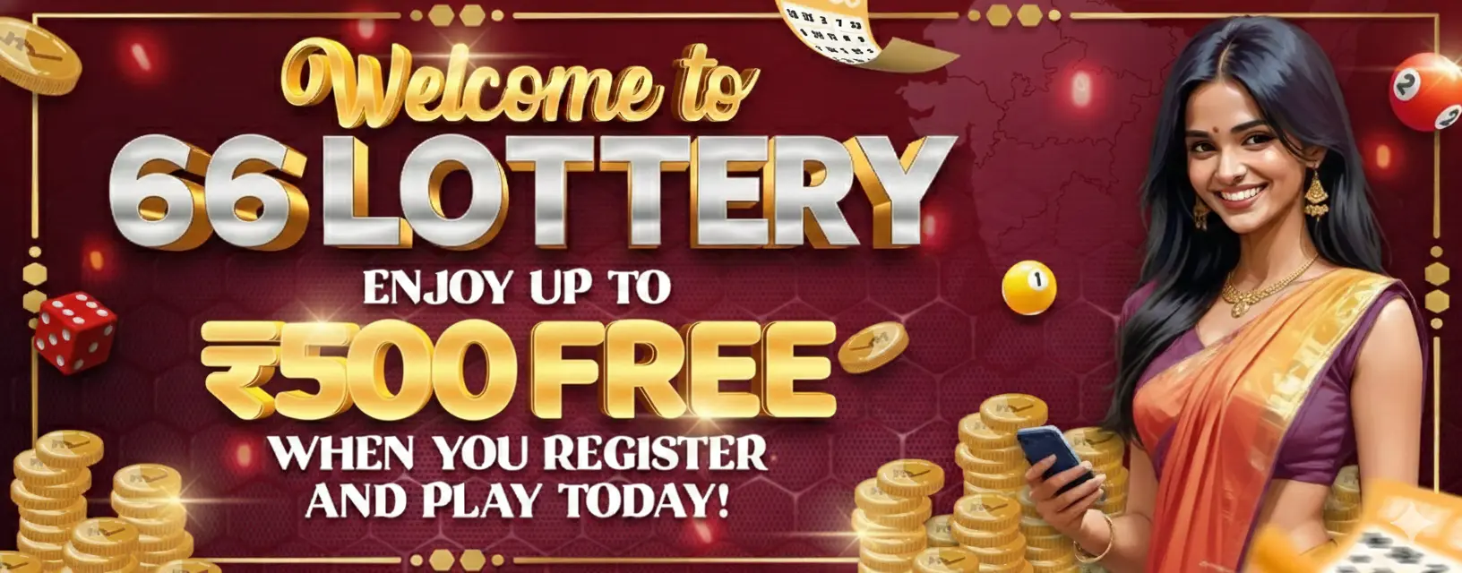 66 Lottery registration welcome screen showing ₹500 bonus offer